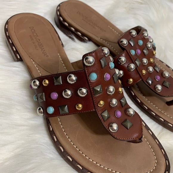 Dolce & Gabbana Calfskin Leather Gem Flip Flops - Picture 3 of 8